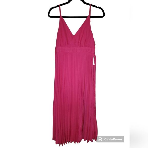 NWT Bold & Beautiful in Pleats – Hot Pink Spaghetti Strap Midi Dress, Sz Large - Picture 1 of 2